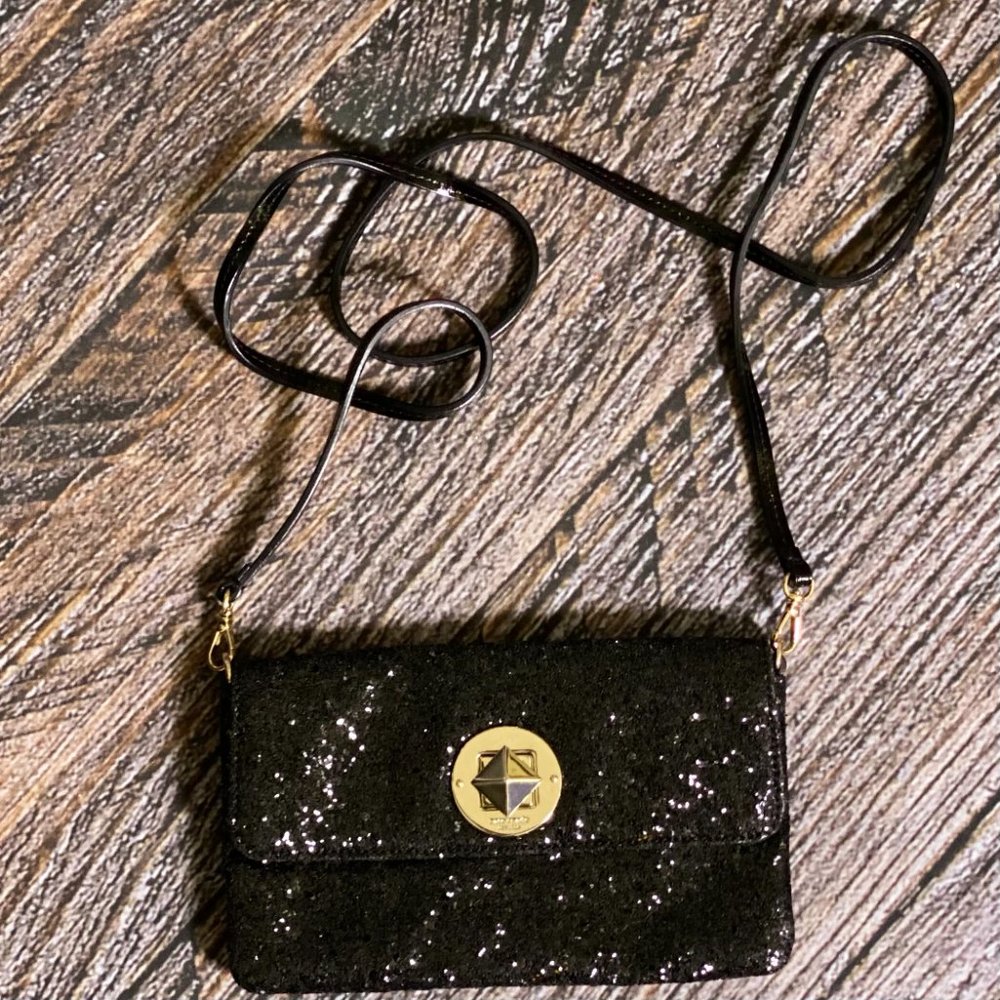 Kate Spade Black Glitter Clutch Wallet with Gold Swivel Closure